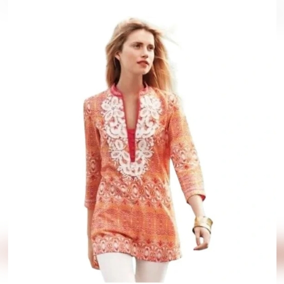 Indika Orange Geometric Print Beaded Lightweight Tunic Top - Picture 1 of 8